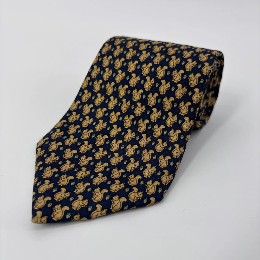 Brooks Brothers Makers Silk Tie Mens Navy Blue Squirrel Acorn‎ Animal USA Preppy